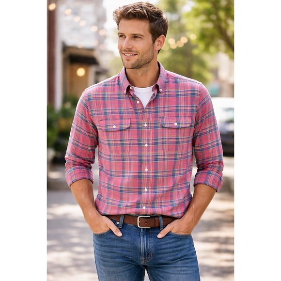 J.Crew Other - J.Crew Mens Madras Plaid Button Down Shirt Pink Blue Tailored Fit Small